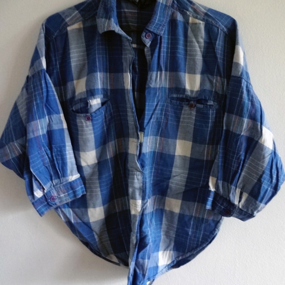 VINTAGE Blue Checker Cotton Shirt, Size S/M